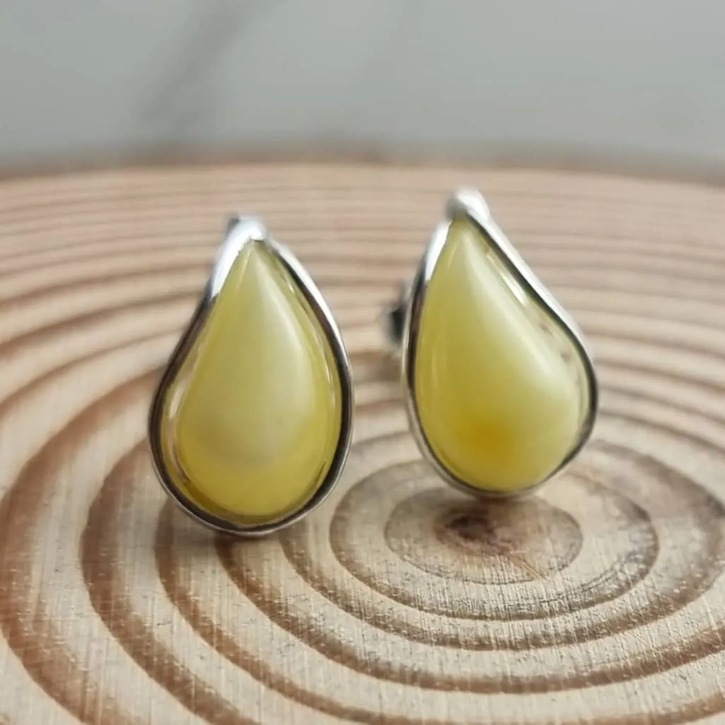 925 Sterling Silver & Baltic Amber Modern Teardrop Studs Earrings - G029S