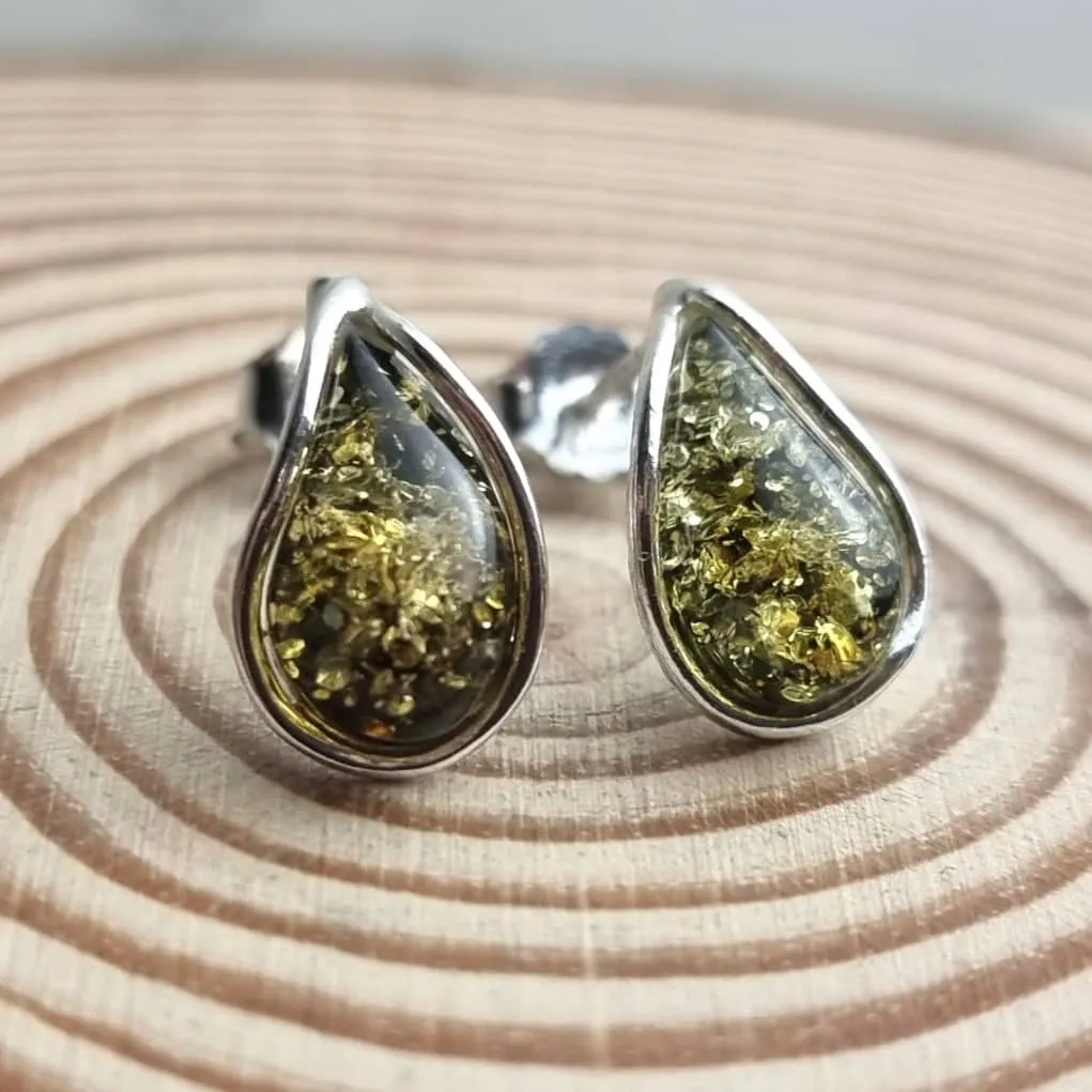 925 Sterling Silver & Baltic Amber Modern Teardrop Studs Earrings - G029S