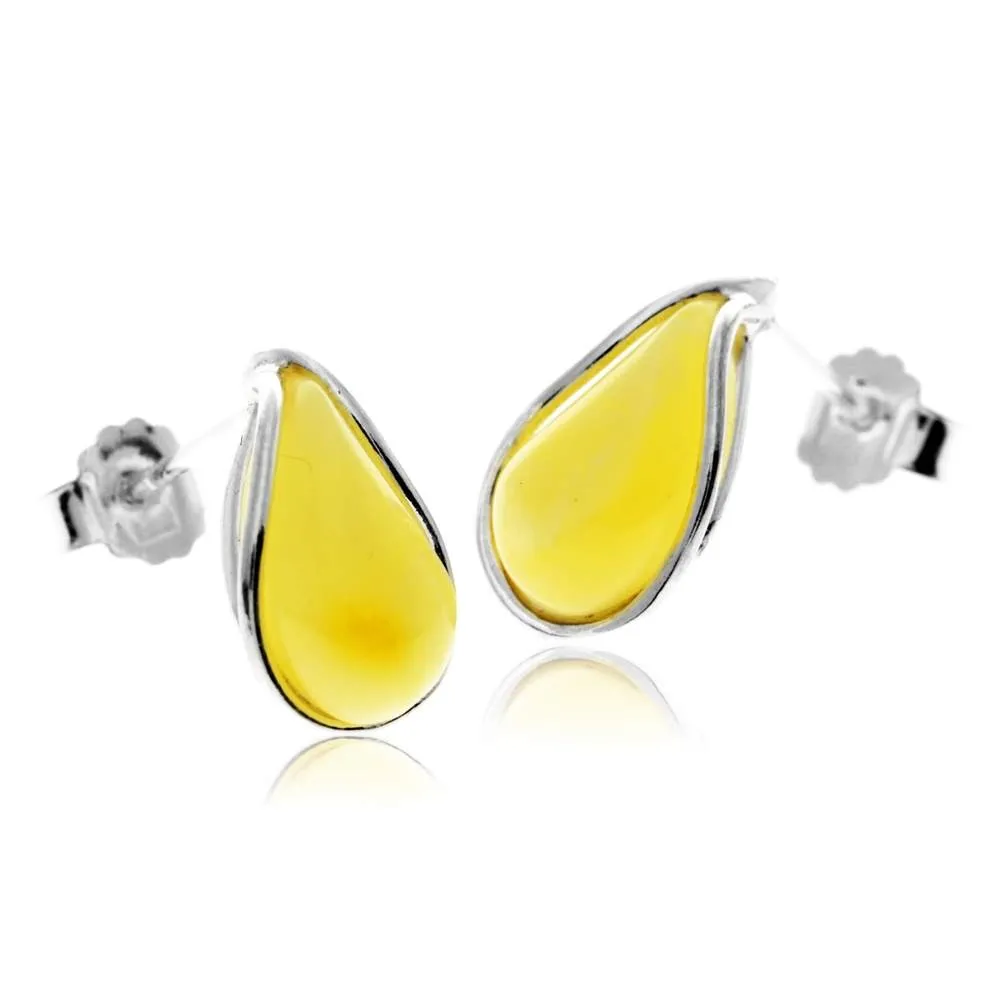 925 Sterling Silver & Baltic Amber Modern Teardrop Studs Earrings - G029S