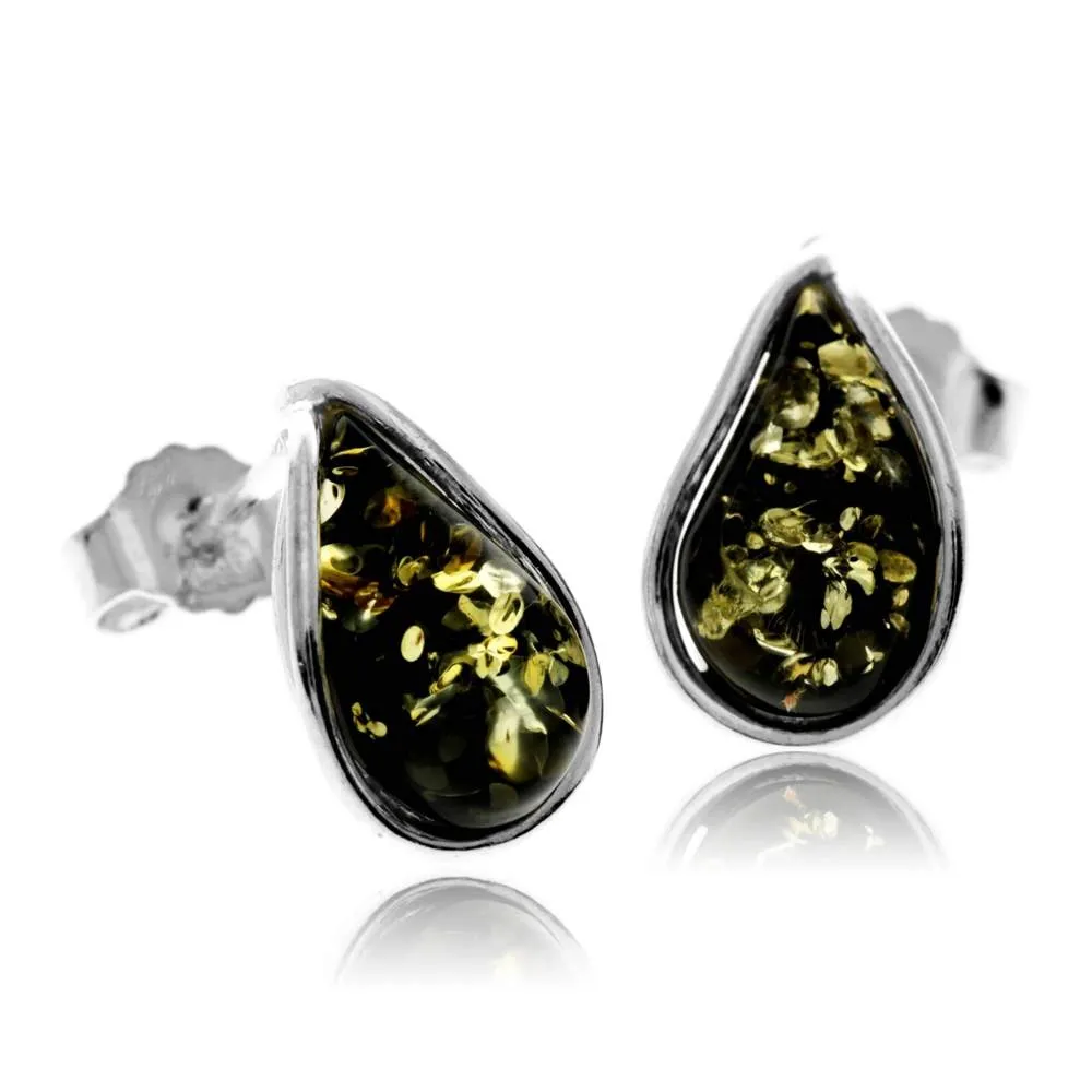 925 Sterling Silver & Baltic Amber Modern Teardrop Studs Earrings - G029S