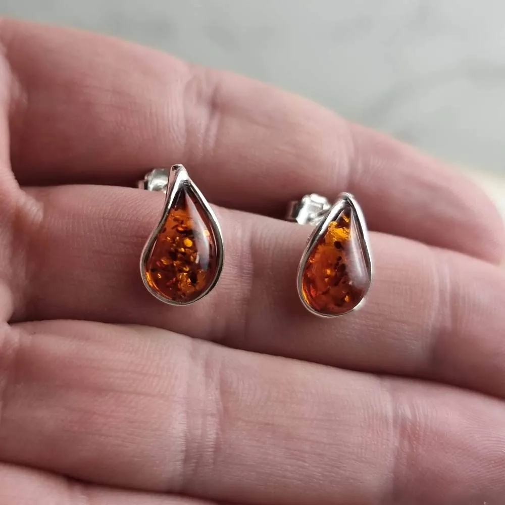 925 Sterling Silver & Baltic Amber Modern Teardrop Studs Earrings - G029S