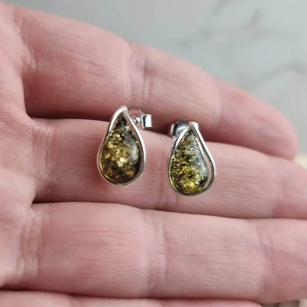 925 Sterling Silver & Baltic Amber Modern Teardrop Studs Earrings - G029S