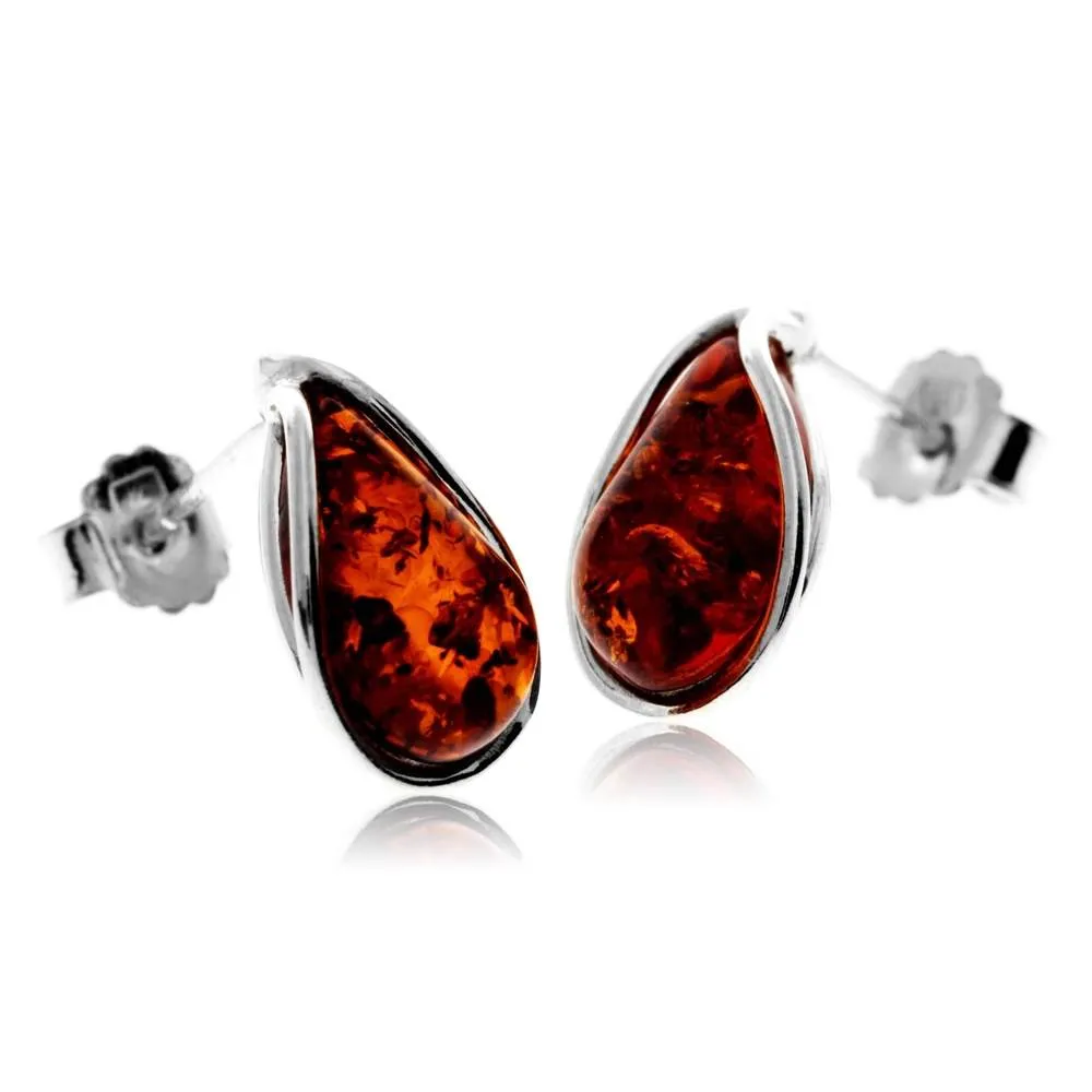 925 Sterling Silver & Baltic Amber Modern Teardrop Studs Earrings - G029S