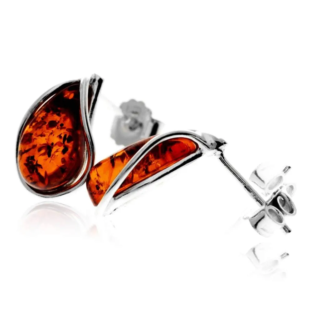 925 Sterling Silver & Baltic Amber Modern Teardrop Studs Earrings - G029S