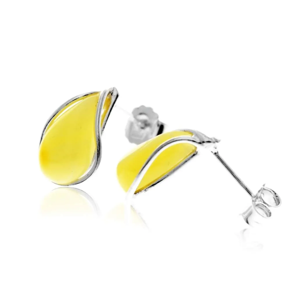 925 Sterling Silver & Baltic Amber Modern Teardrop Studs Earrings - G029S