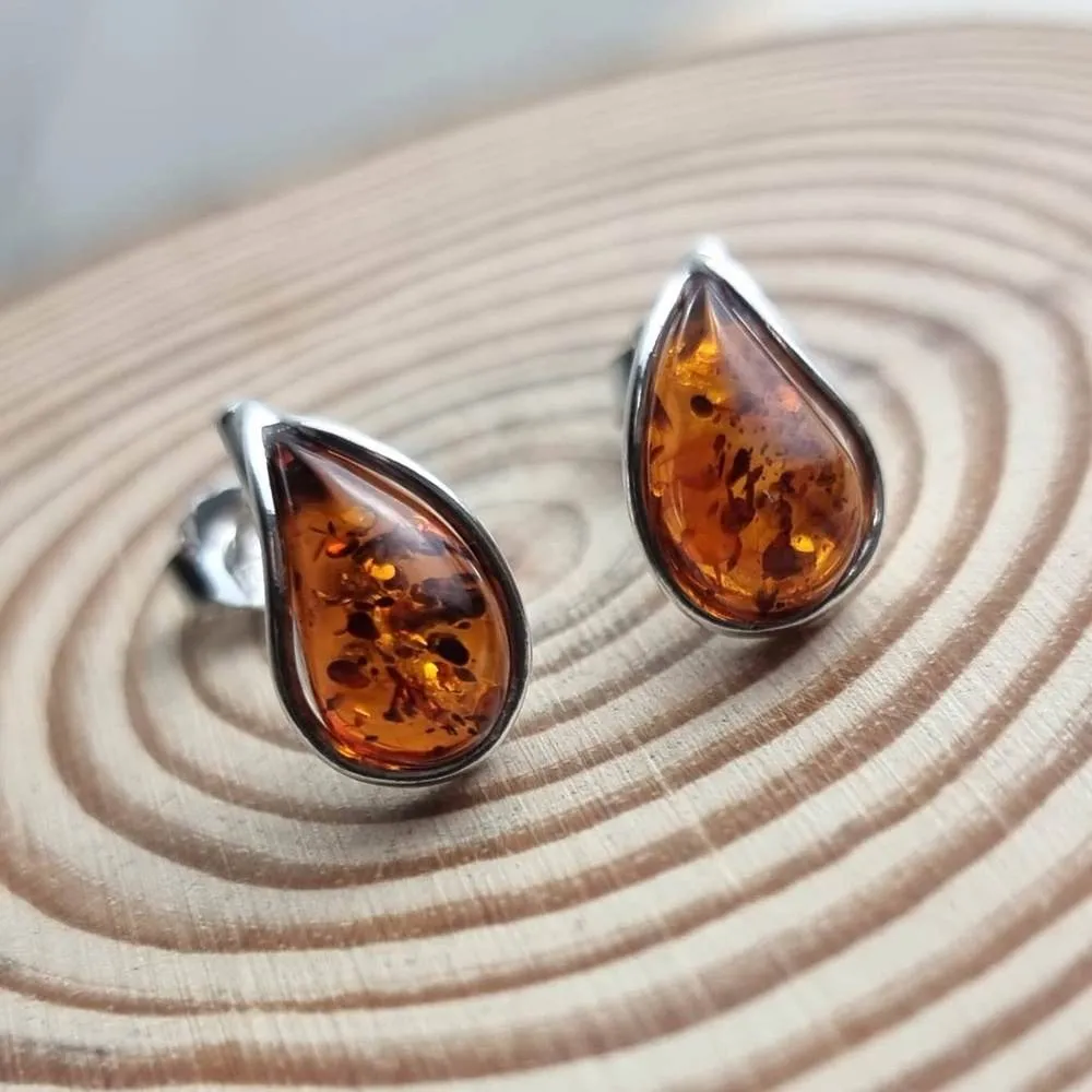 925 Sterling Silver & Baltic Amber Modern Teardrop Studs Earrings - G029S