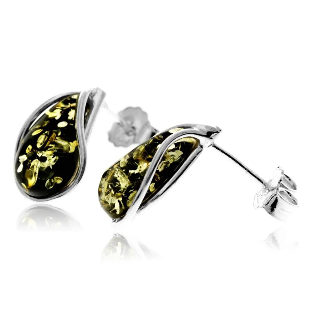 925 Sterling Silver & Baltic Amber Modern Teardrop Studs Earrings - G029S