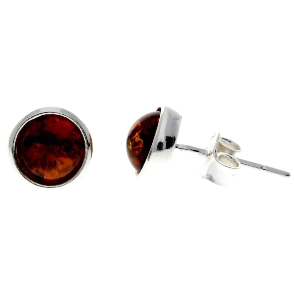 925 Sterling Silver & Genuine Baltic Amber Classic Round Studs Earrings various sizes - GL189