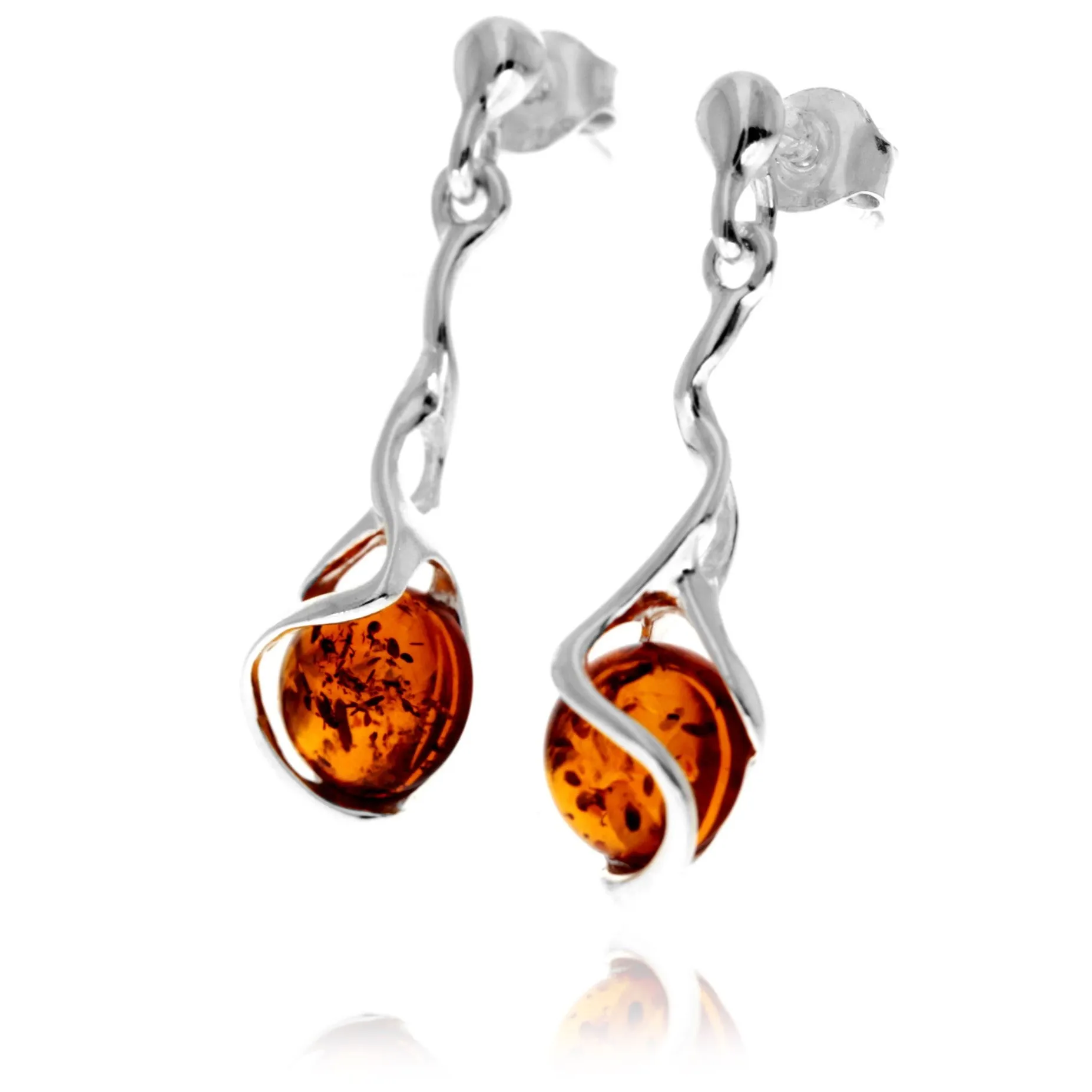 925 Sterling Silver & Genuine Baltic Amber Modern Drop Dangle Earrings - GL1053