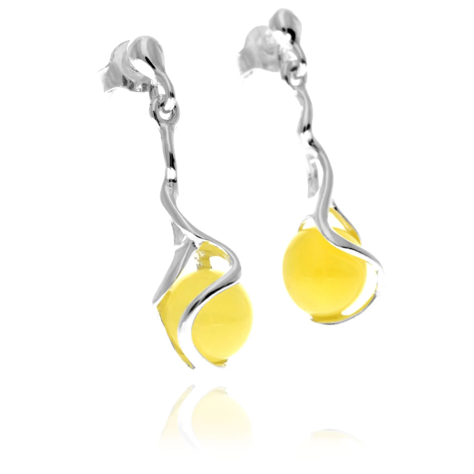 925 Sterling Silver & Genuine Baltic Amber Modern Drop Dangle Earrings - GL1053