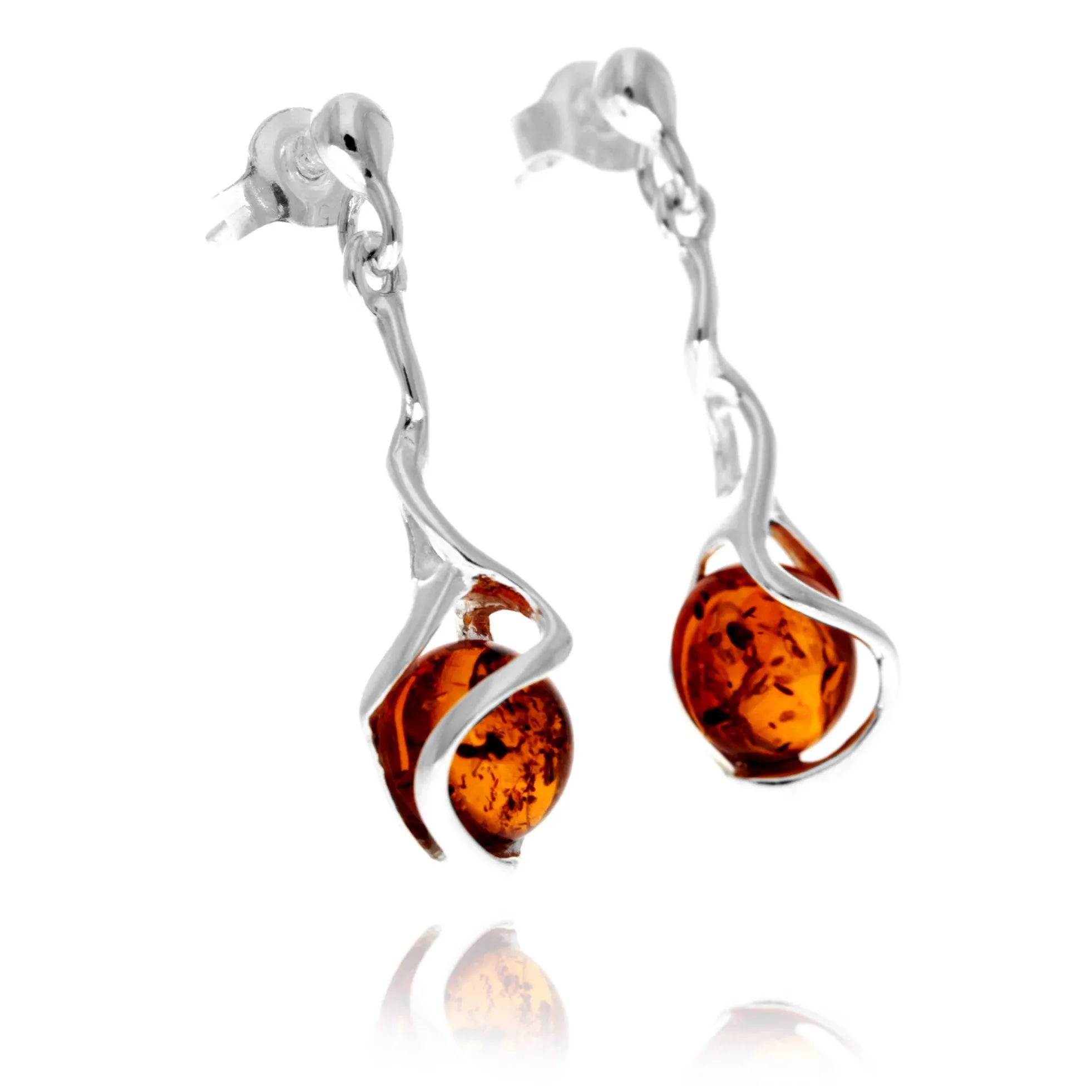 925 Sterling Silver & Genuine Baltic Amber Modern Drop Dangle Earrings - GL1053