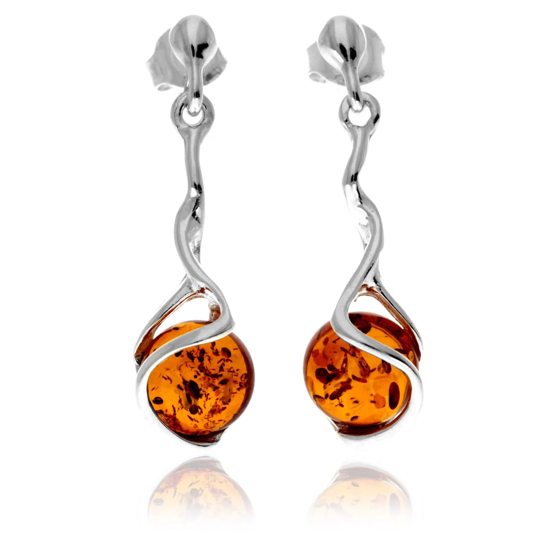 925 Sterling Silver & Genuine Baltic Amber Modern Drop Dangle Earrings - GL1053