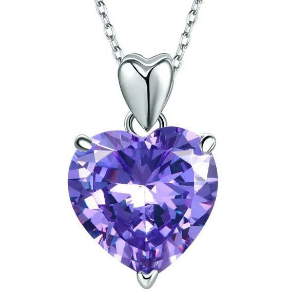 925 Sterling Silver Heart Pendant Necklace 5 Carat Purple  MXFN8045