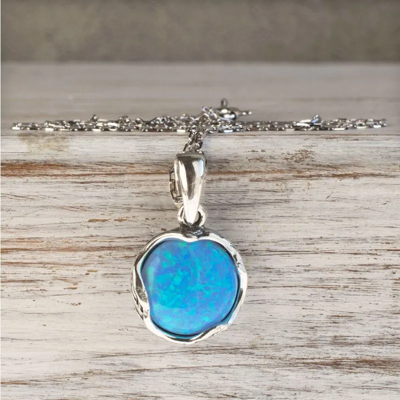 925 Sterling Silver Round Blue Opal 12mm Pendant