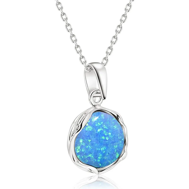 925 Sterling Silver Round Blue Opal 12mm Pendant