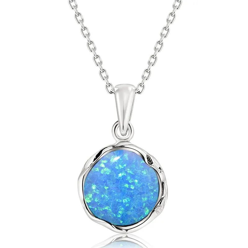 925 Sterling Silver Round Blue Opal 12mm Pendant