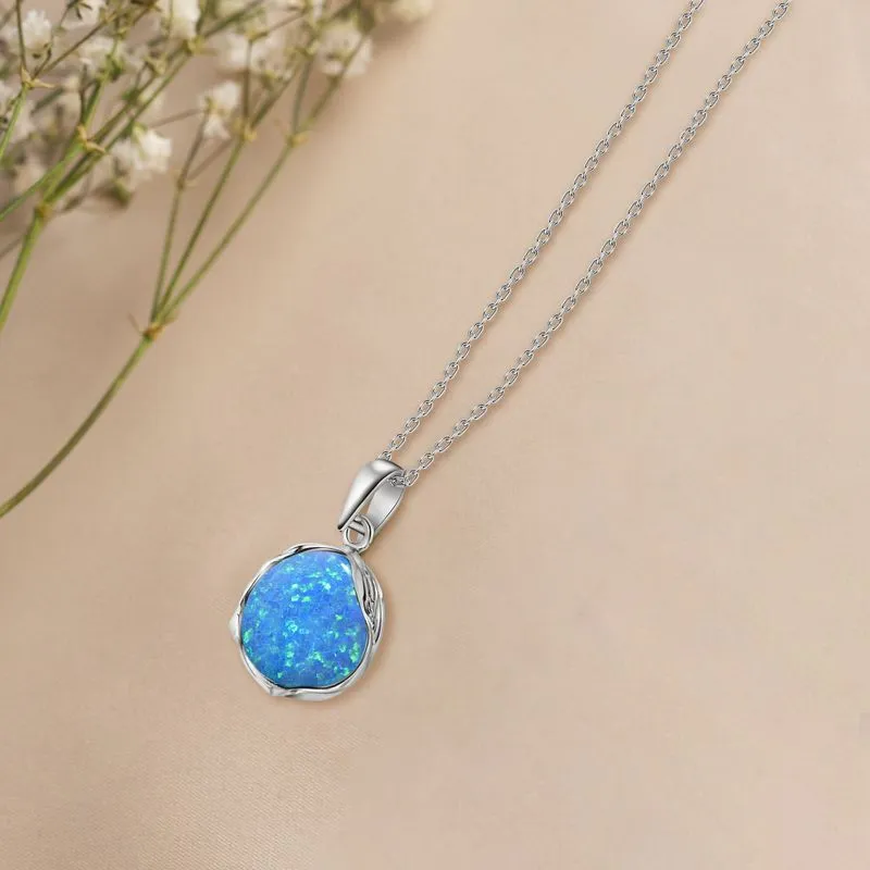 925 Sterling Silver Round Blue Opal 12mm Pendant