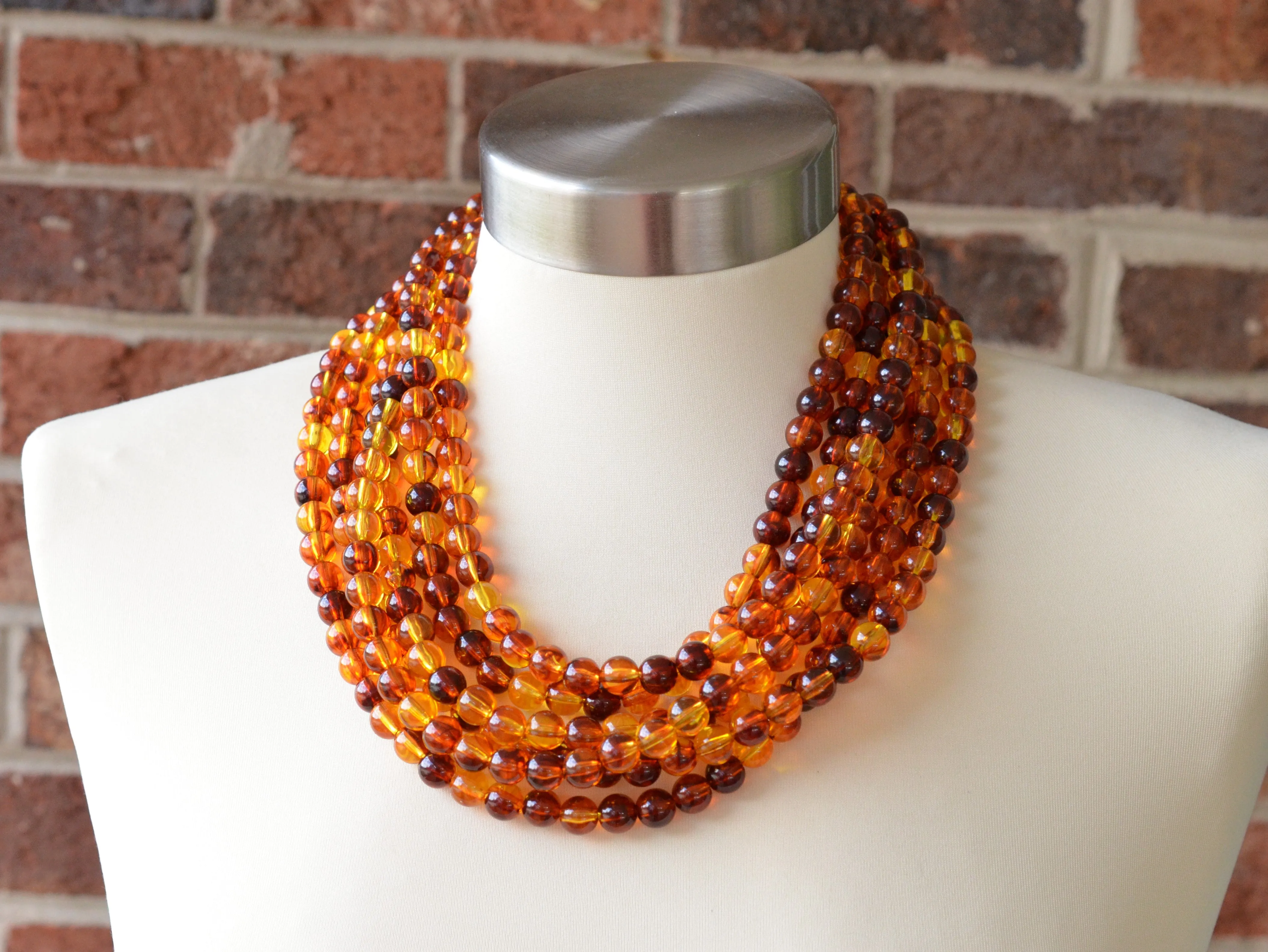 Amber Brown Lucite Bead Acrylic Chunky Multi Strand Statement Necklace - Alana