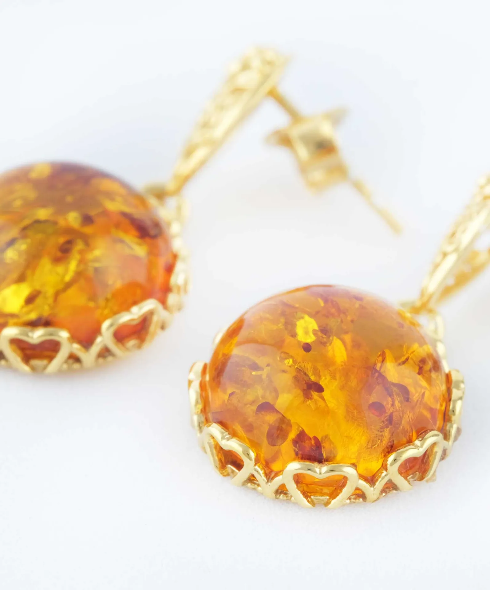 Amber Drop Earrings with Gold Floral Accent – Elegant Baltic Amber & Gold Plated Sterling Silver