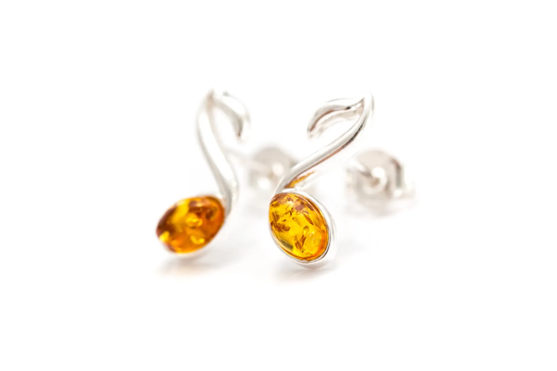 Amber Music Note Stud Earrings - Sterling Silver & Baltic Amber