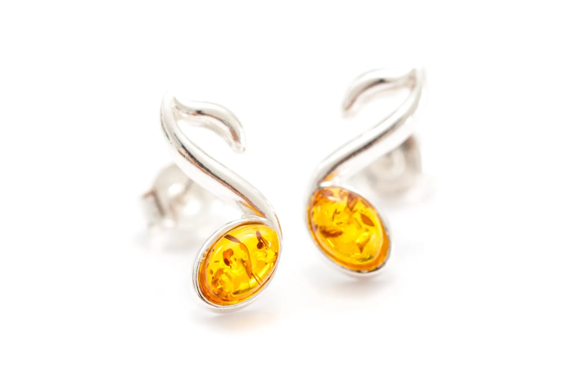 Amber Music Note Stud Earrings - Sterling Silver & Baltic Amber