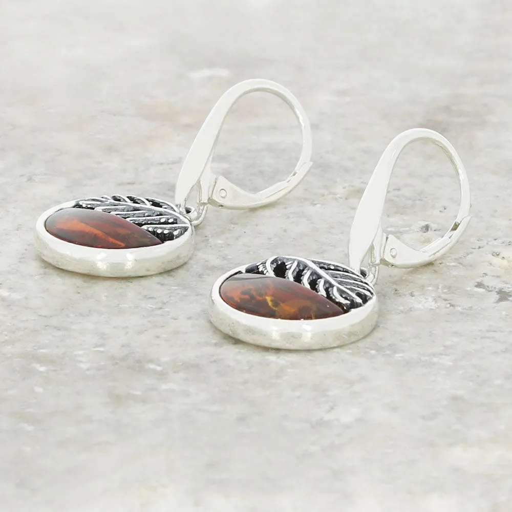 Amber Sterling Silver Round Leaf Drop Earrings