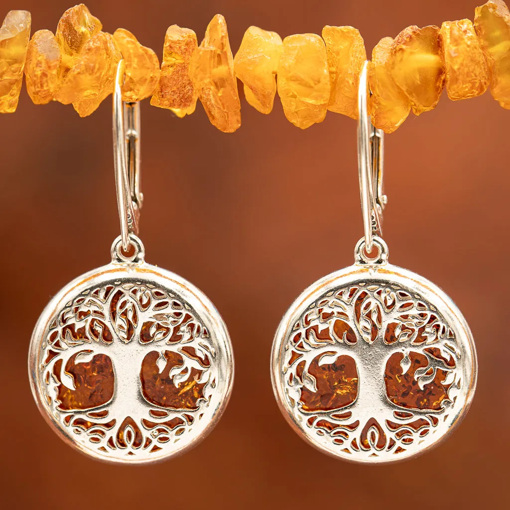 Amber Sterling Silver Tree of Life (Yggdrasill) Earrings