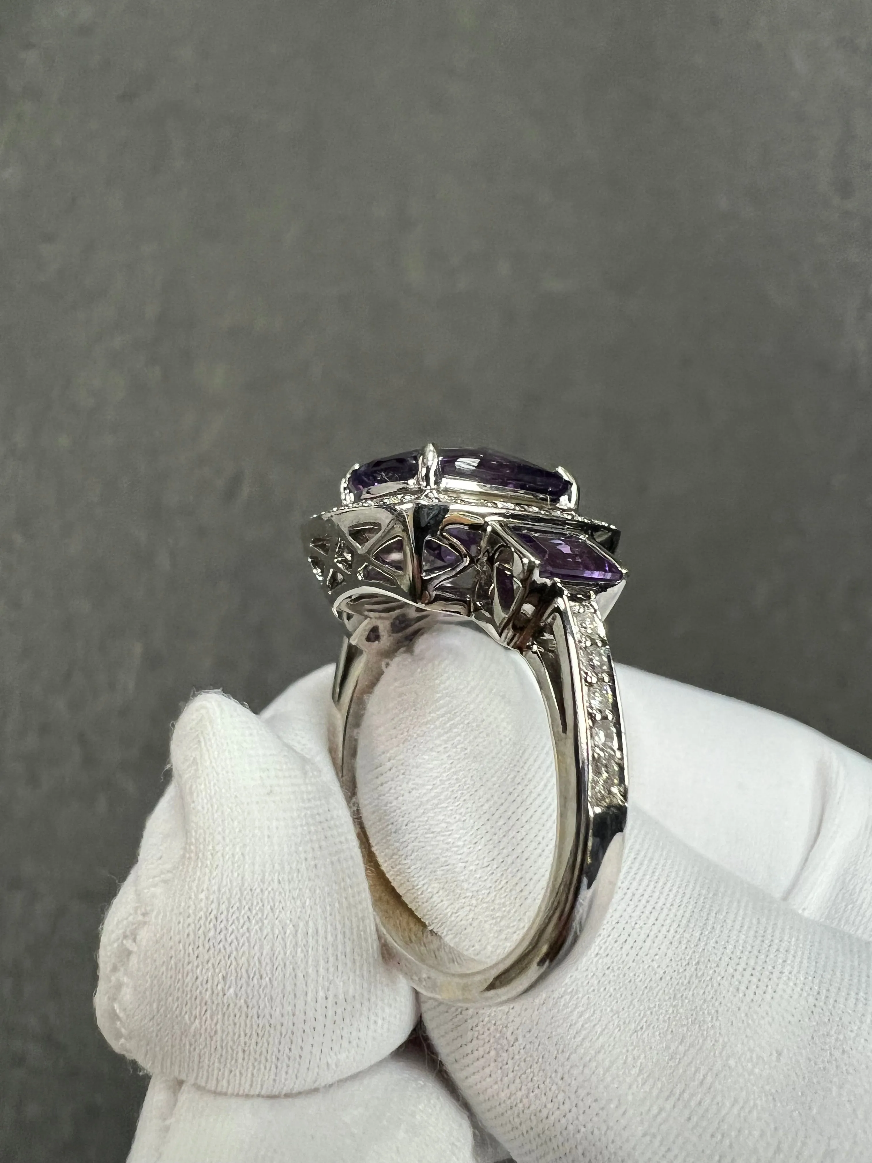 Amethyst And Diamond White Gold Ring Size 8.25