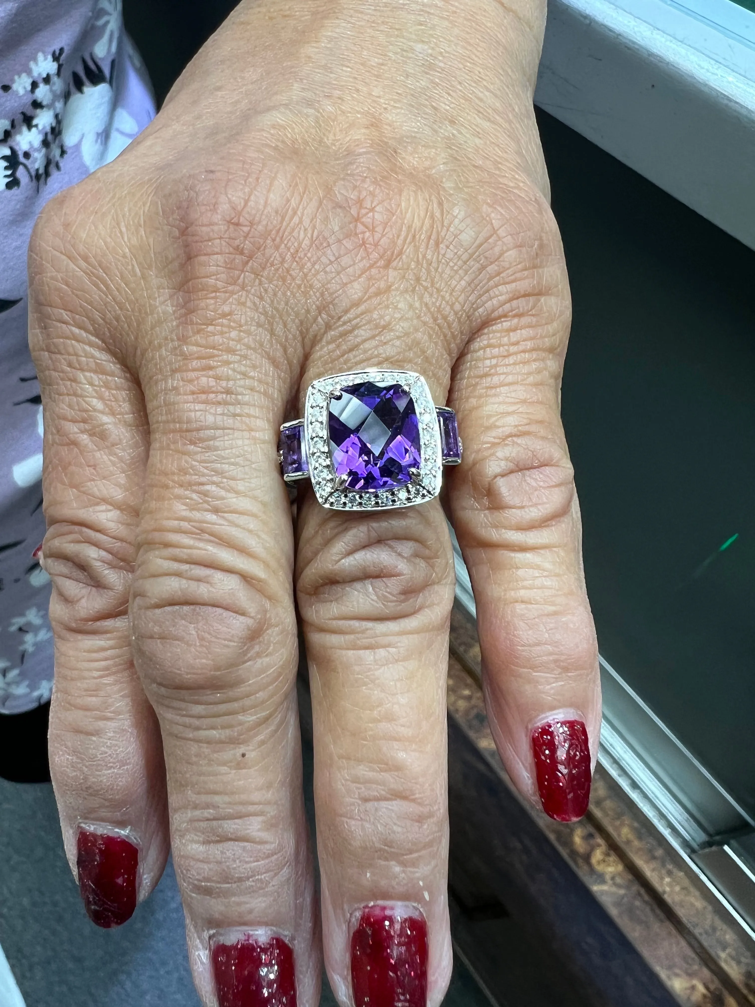 Amethyst And Diamond White Gold Ring Size 8.25