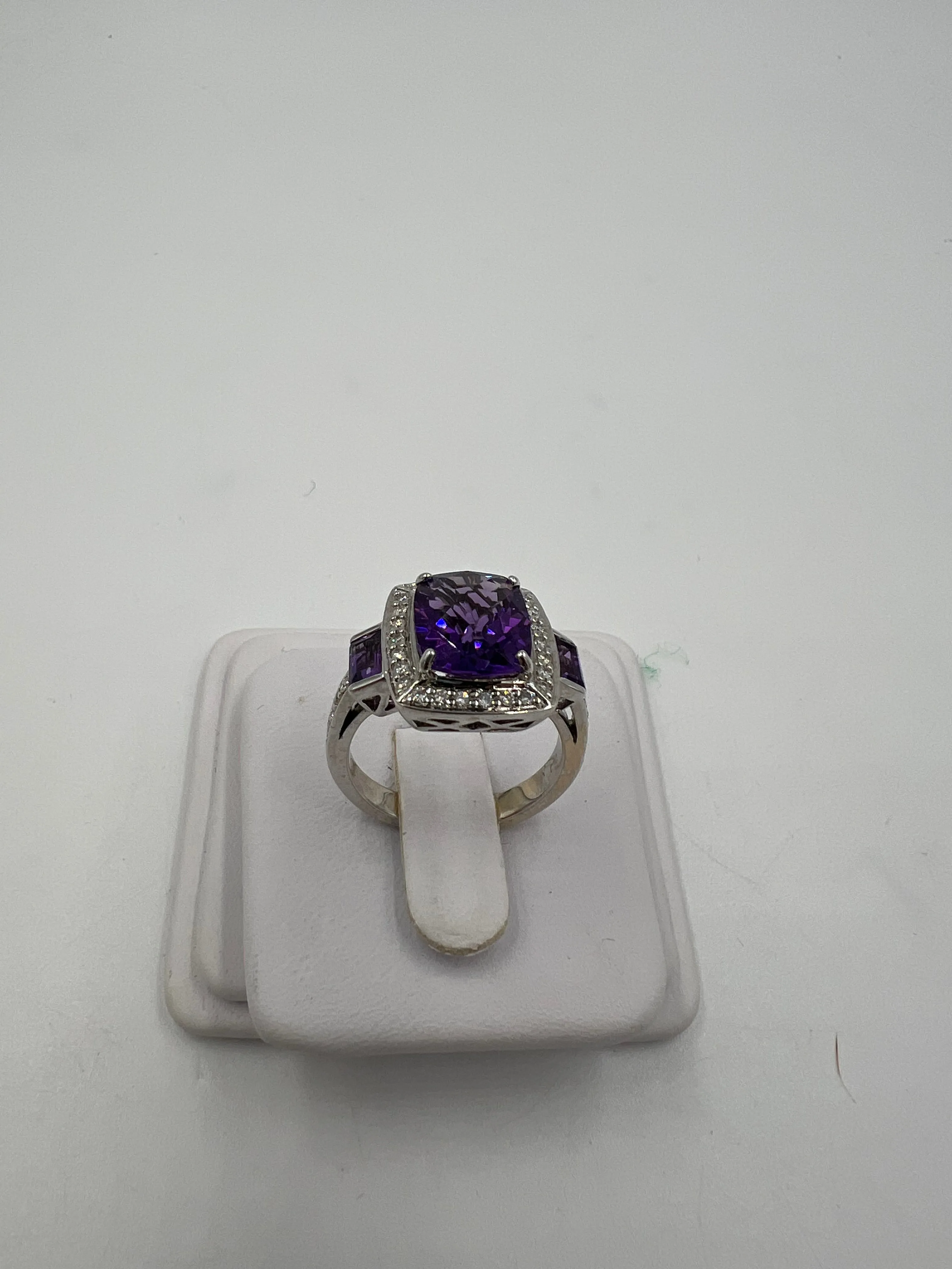 Amethyst And Diamond White Gold Ring Size 8.25