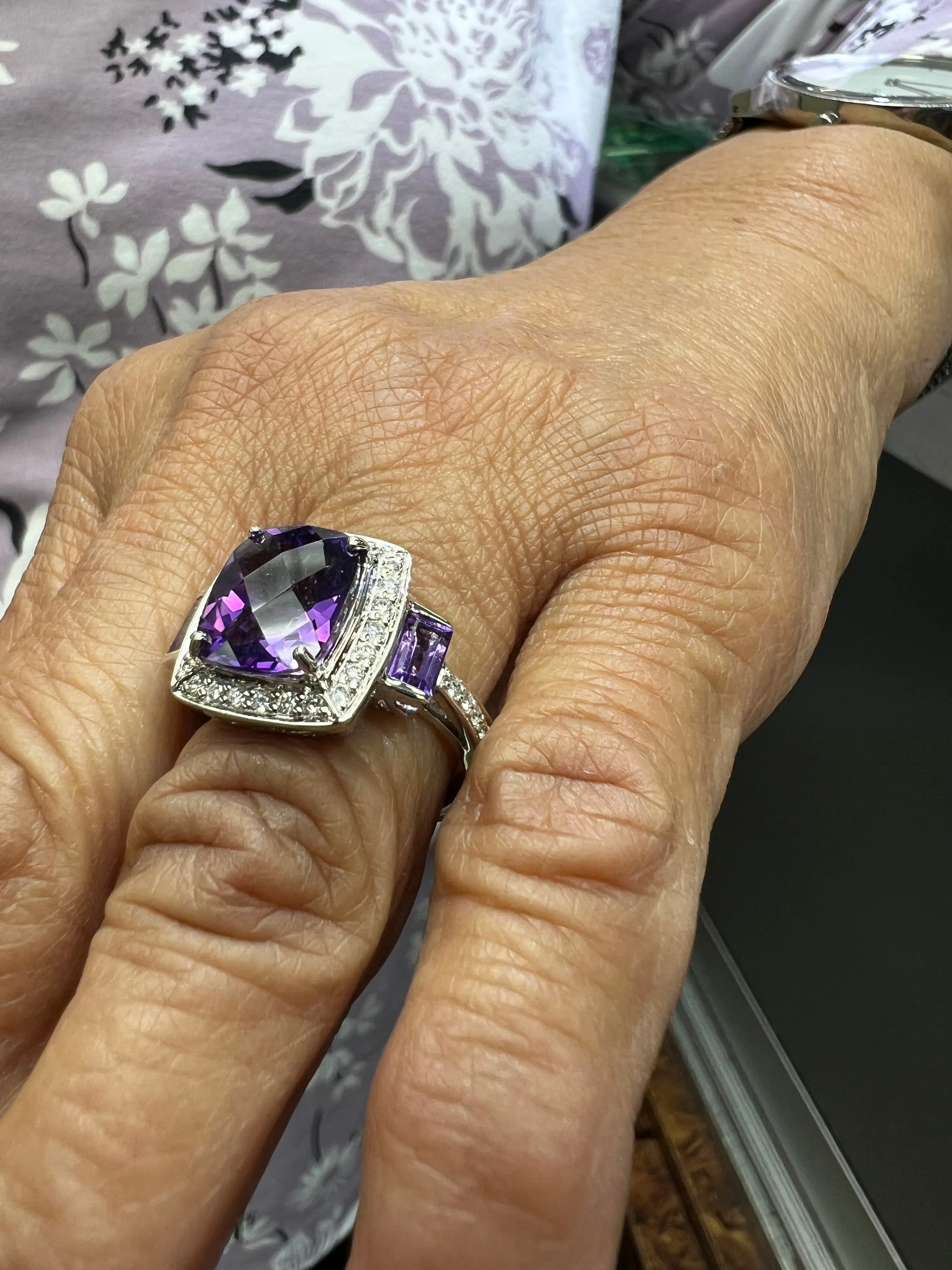 Amethyst And Diamond White Gold Ring Size 8.25