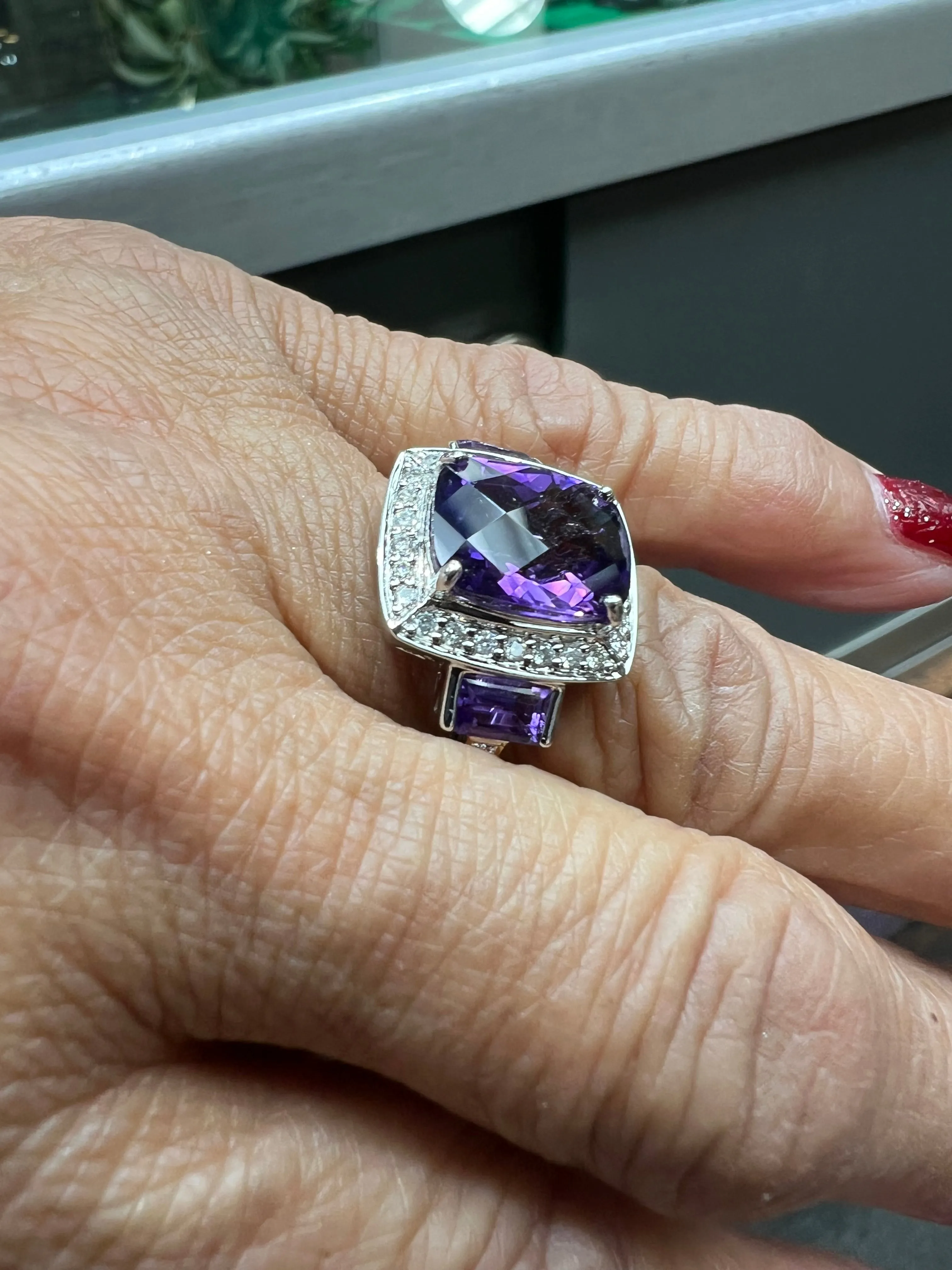 Amethyst And Diamond White Gold Ring Size 8.25