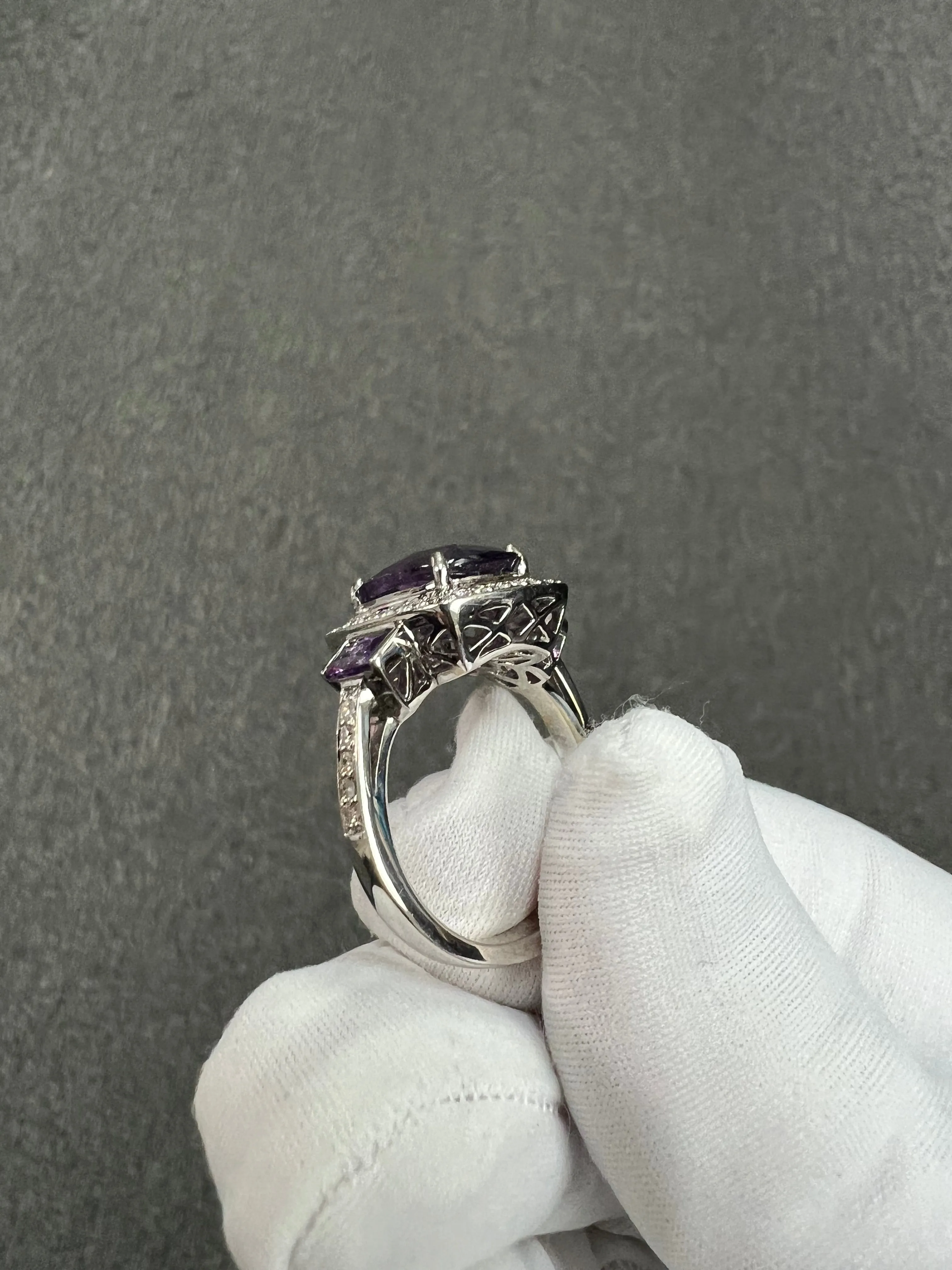 Amethyst And Diamond White Gold Ring Size 8.25