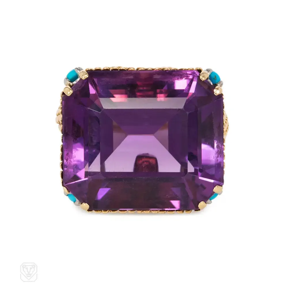 Amethyst, turquoise and diamond cocktail ring, France