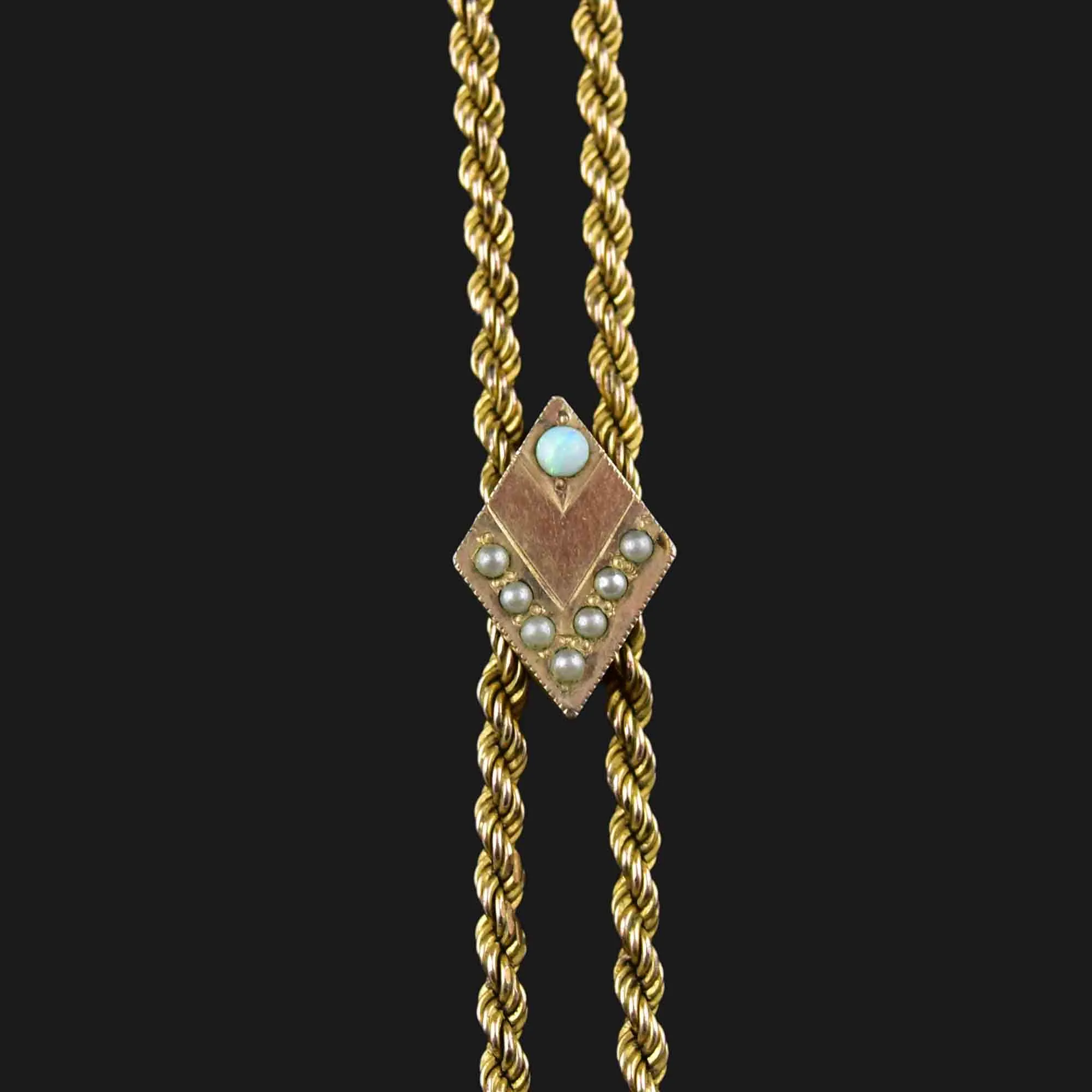 Antique 10K Gold Opal Pearl Slider Muff Guard Chain Necklace