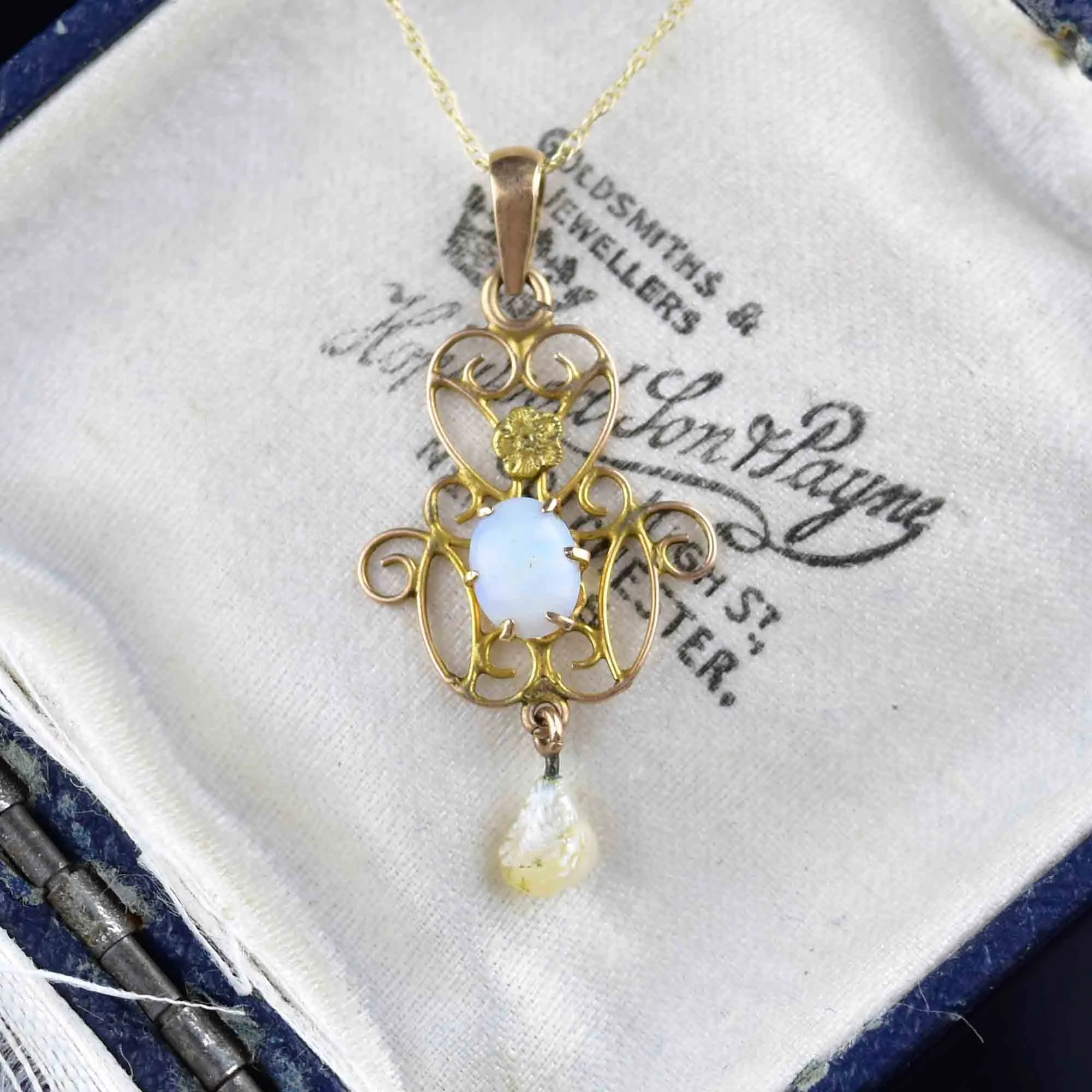 Antique 10K Gold Opal Seed Pearl Lavaliere Necklace