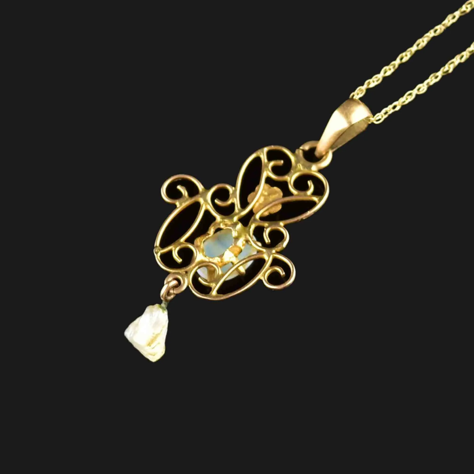 Antique 10K Gold Opal Seed Pearl Lavaliere Necklace