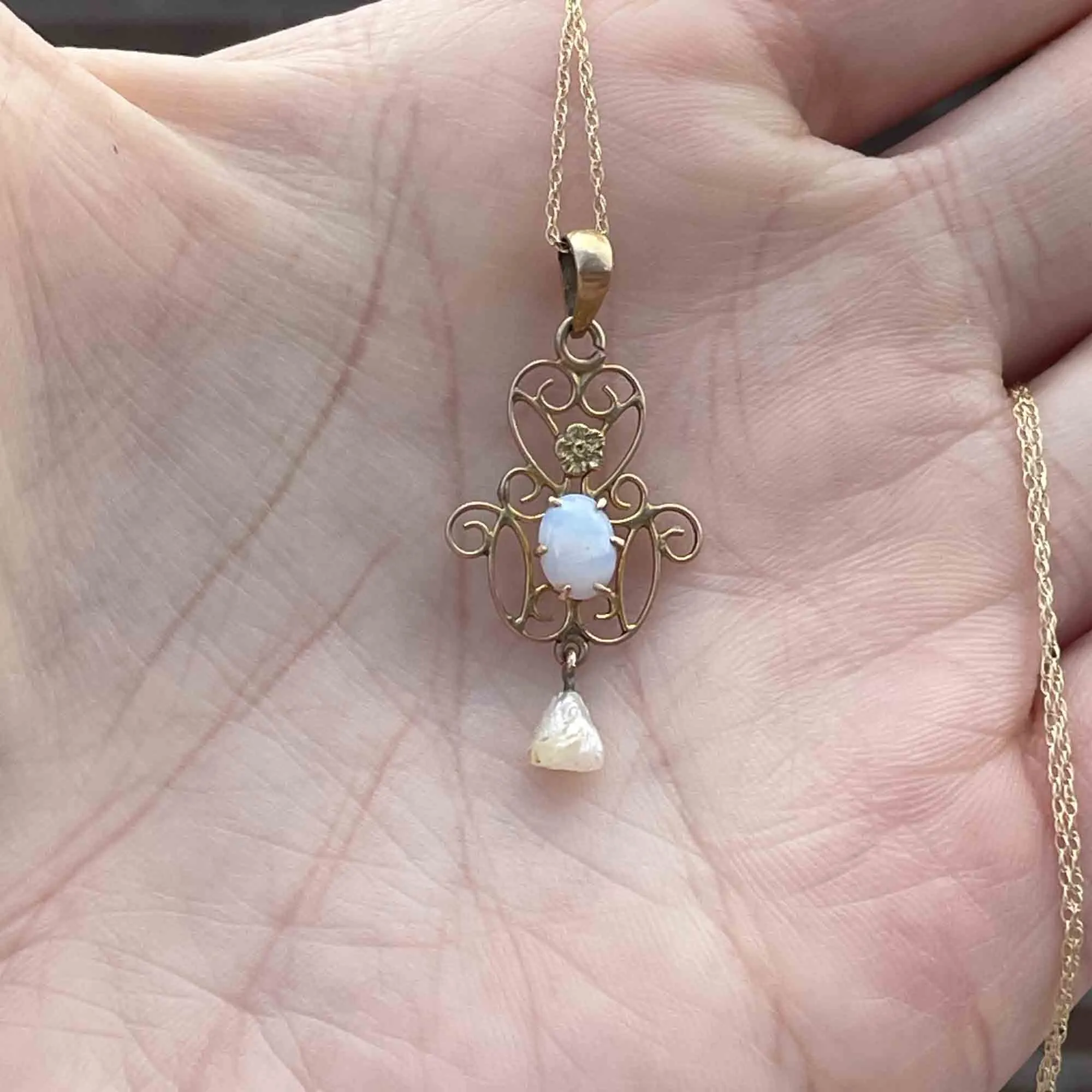 Antique 10K Gold Opal Seed Pearl Lavaliere Necklace