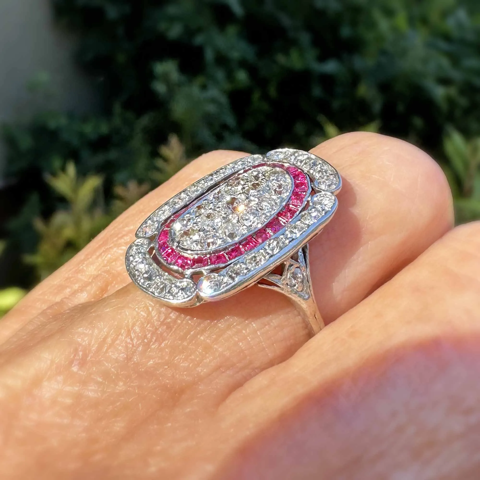 Antique Art Deco Platinum Ruby Halo Diamond Ring