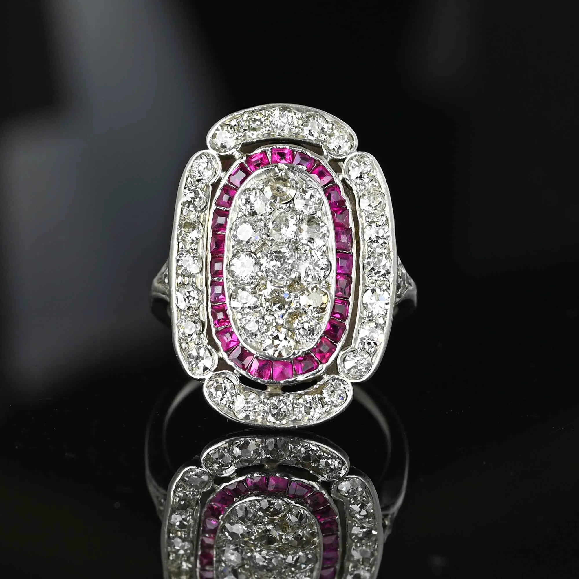 Antique Art Deco Platinum Ruby Halo Diamond Ring