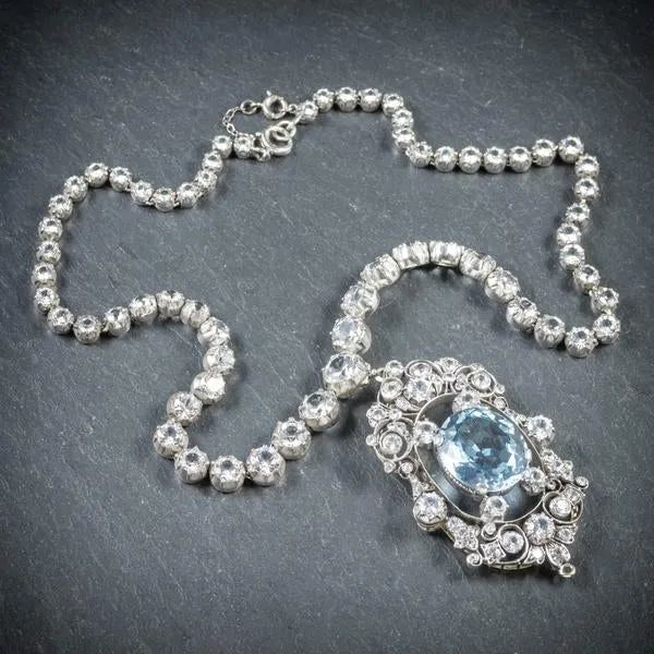 Antique French Victorian Blue White Topaz Necklace Collar Boxed Circa 1900