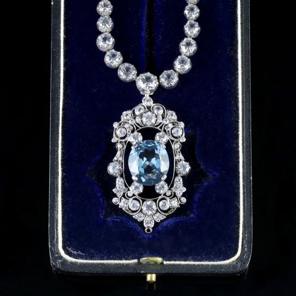 Antique French Victorian Blue White Topaz Necklace Collar Boxed Circa 1900