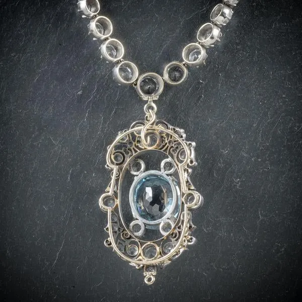 Antique French Victorian Blue White Topaz Necklace Collar Boxed Circa 1900