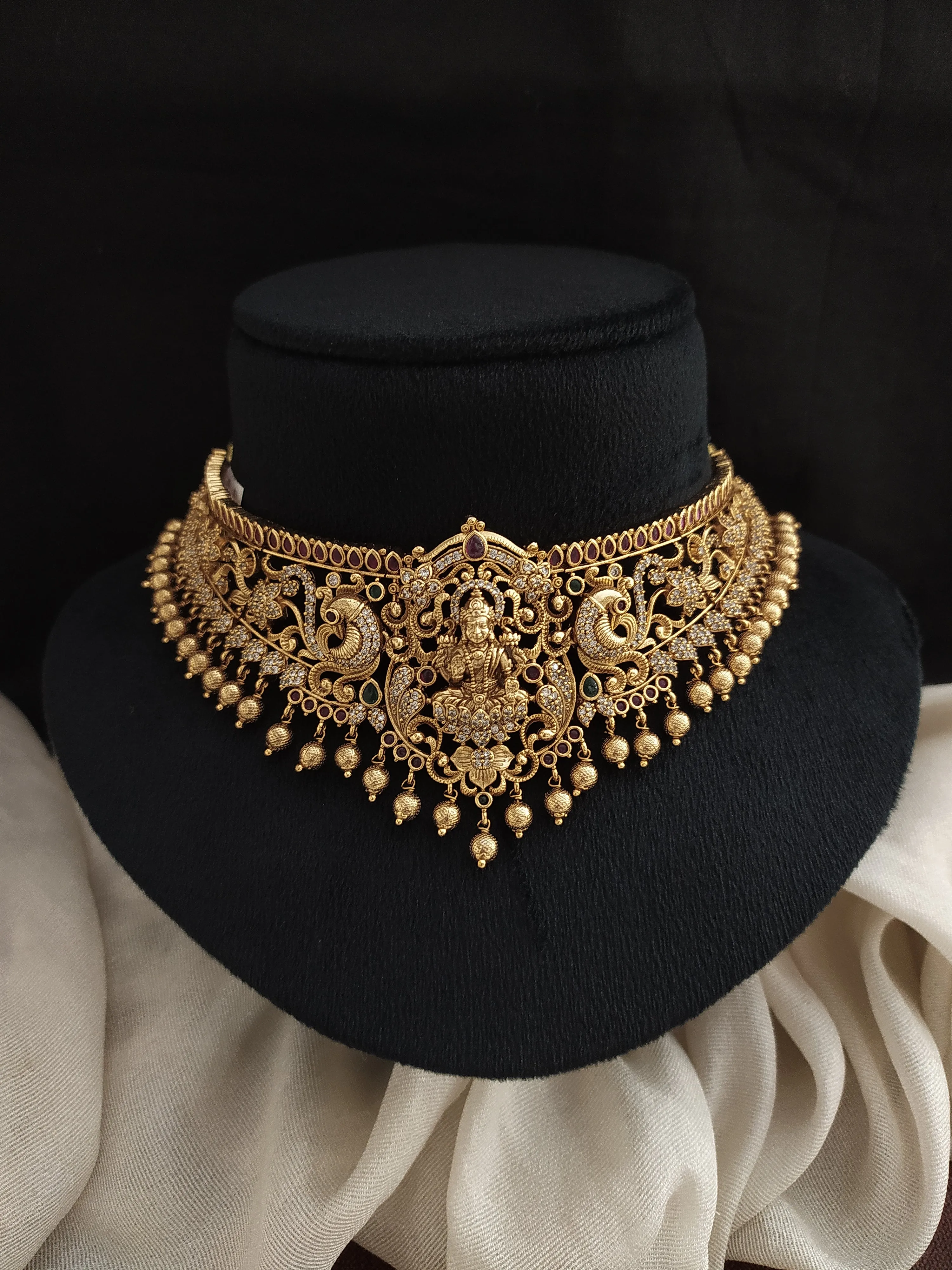 Antique Lakshmi Choker Set with Nakshi Work and Zircon Stones