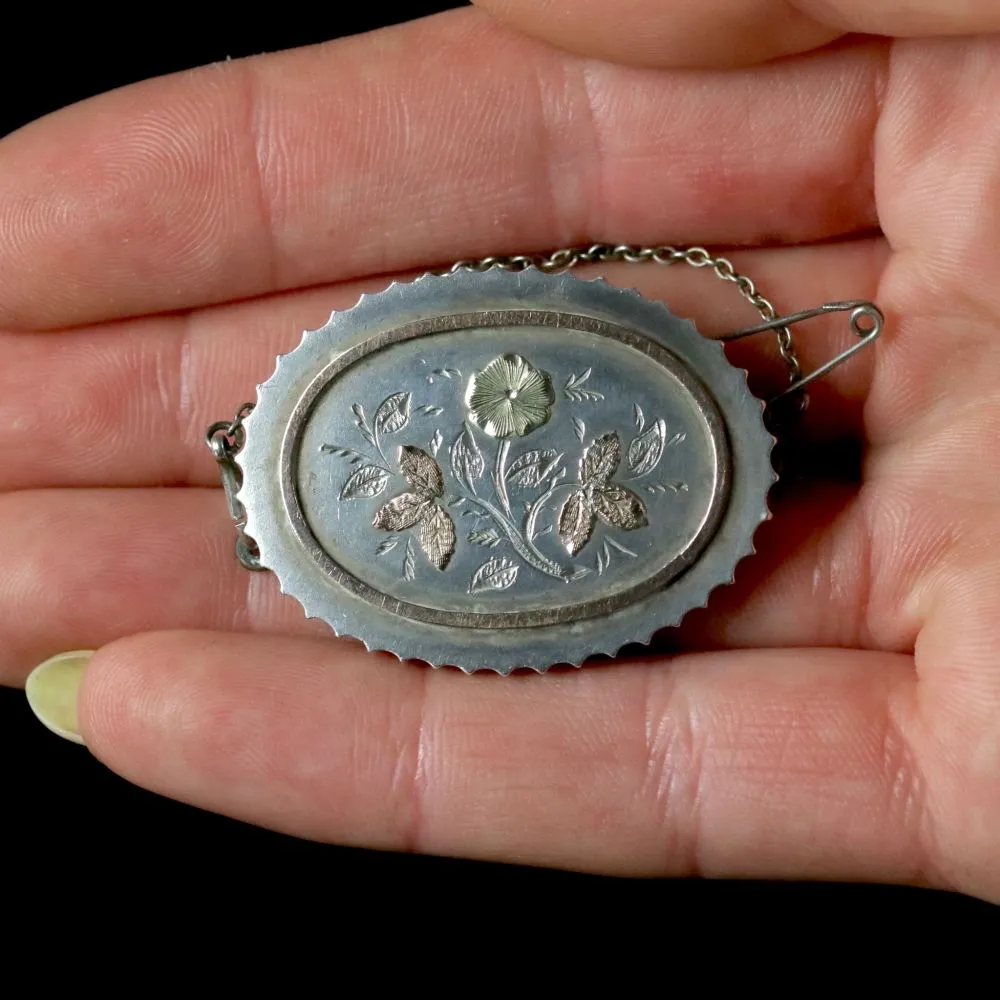 Antique Victorian Floral Locket Brooch Silver 18Ct Gold Circa 1900