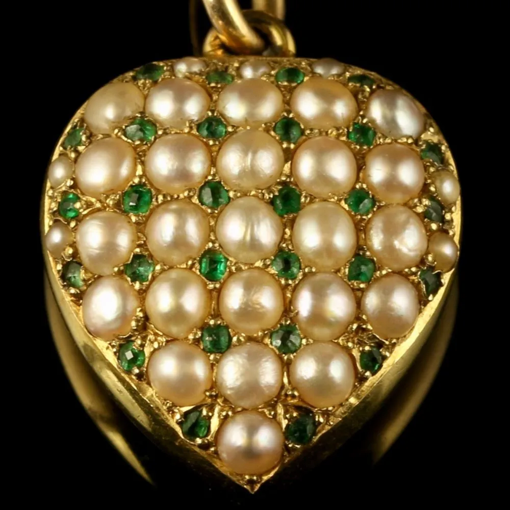 Antique Victorian Heart Locket Emerald Pearl 18Ct Gold Necklace