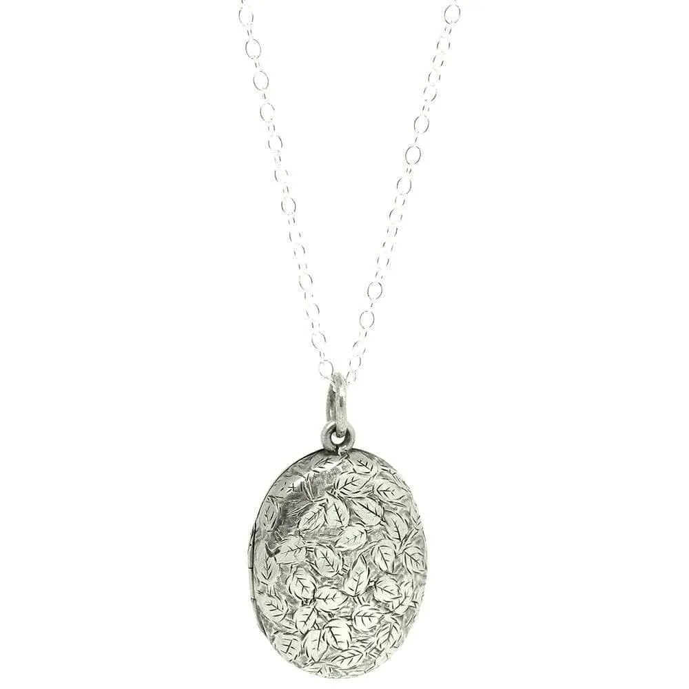 Antique Victorian Oval Ivy Silver Locket Necklace