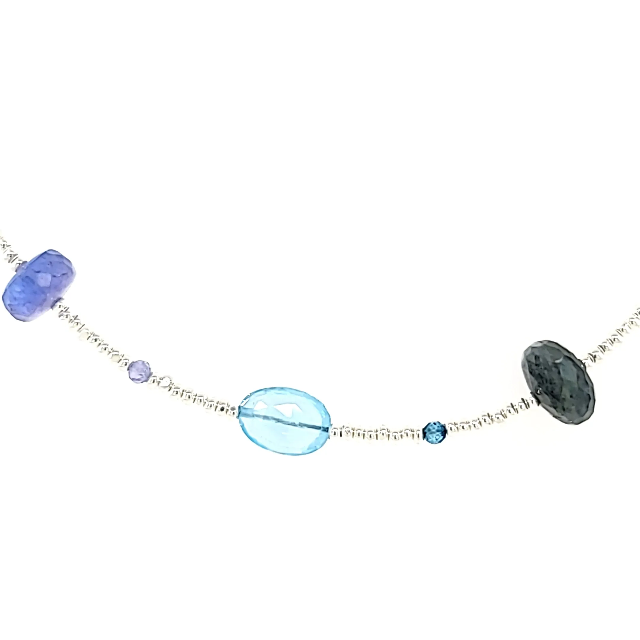 AVF Silver Glass, Kyanite, Labradorite, Blue Topaz, Moss Aqua & Tanzanite Beaded Station Necklace (SI3693)