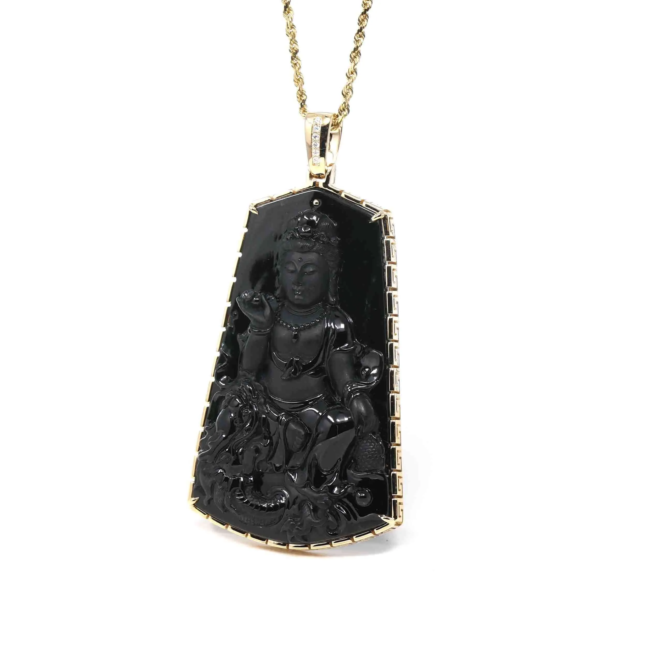 Baikalla 14k Yellow Gold "Goddess of Compassion" Genuine Black Burmese Jadeite Jade Guanyin Necklace With Gold Bail