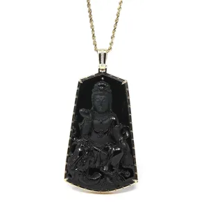 Baikalla 14k Yellow Gold "Goddess of Compassion" Genuine Black Burmese Jadeite Jade Guanyin Necklace With Gold Bail